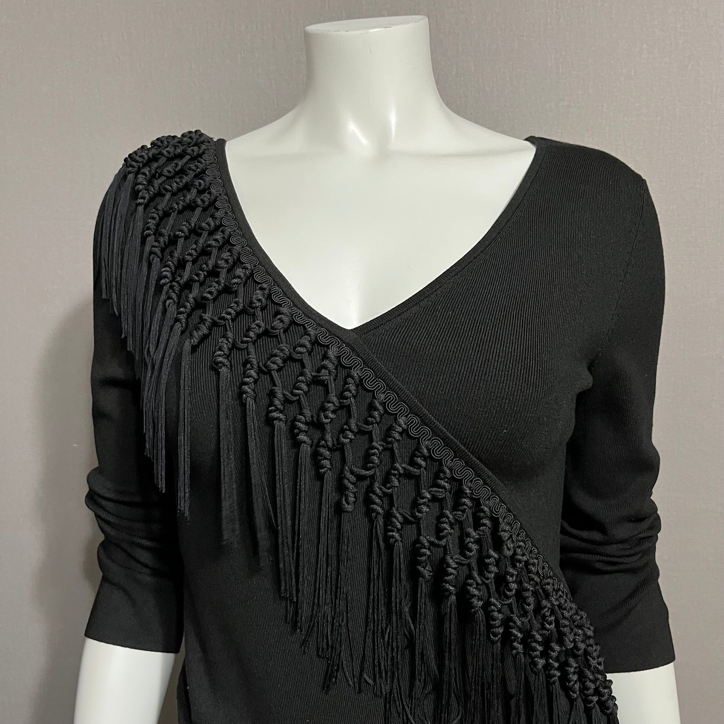 Cache Black Silk Blend Artsy Fringe V-Neck Sweater Sz- Large