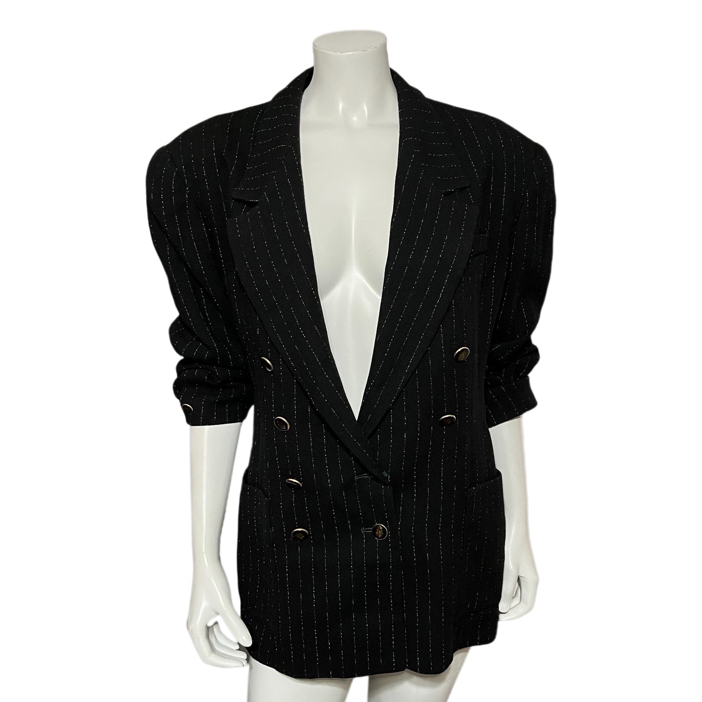 Vintage Black Stripe With Gold Black Buttons Wool Blazer Sz-12