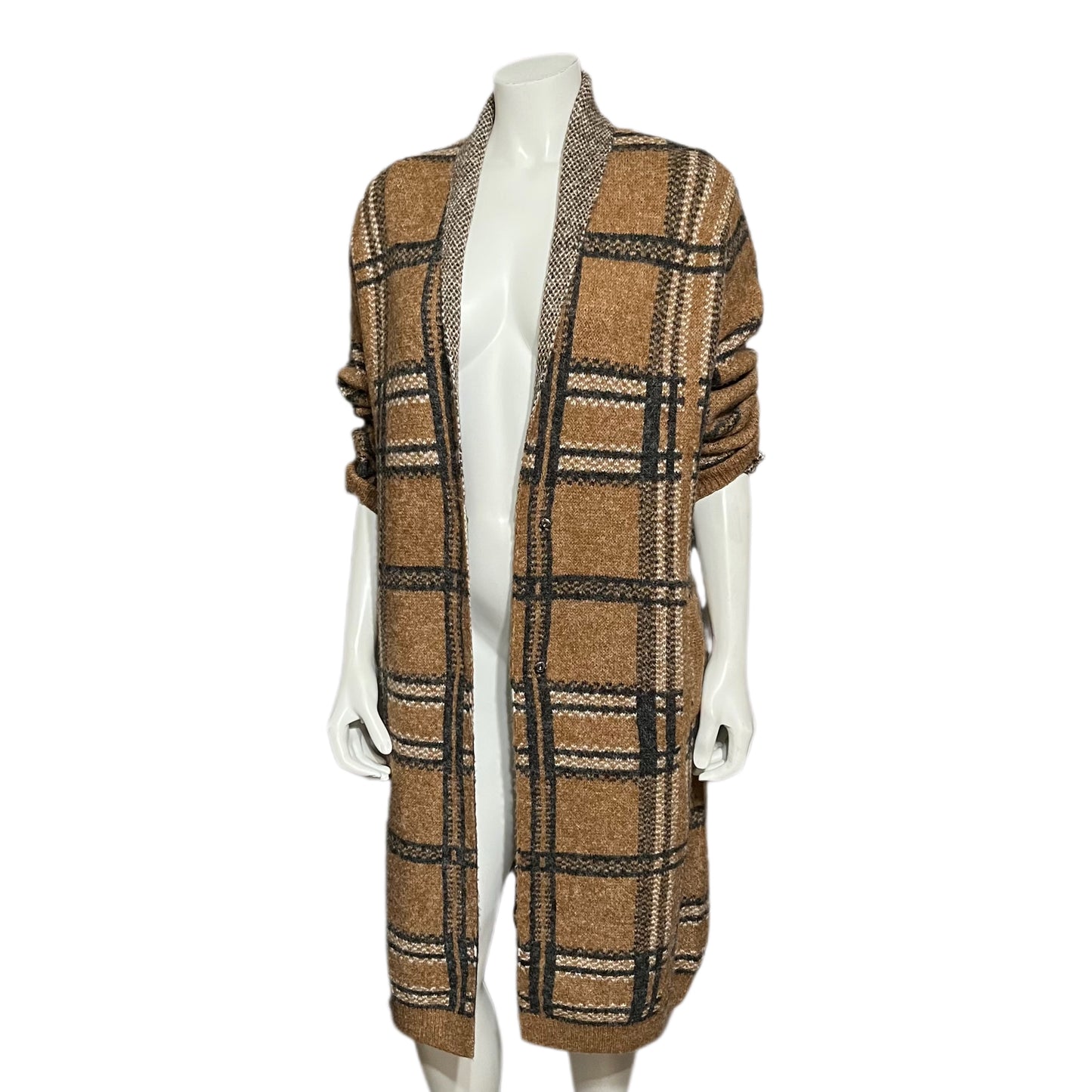 Joseph A Brown Gray | White Longline Plaid Cardigan Sz-Medium