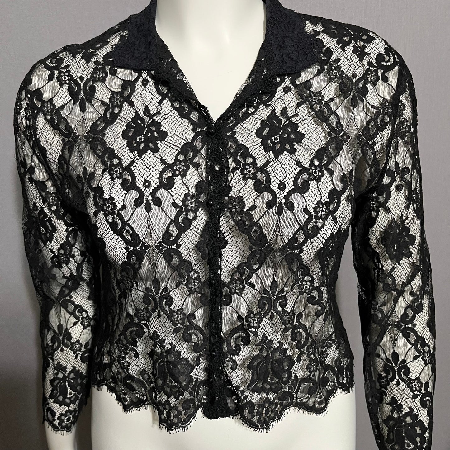Katherine Harestad Black Allover Lace Collared Blouse Sz-Medium/Large