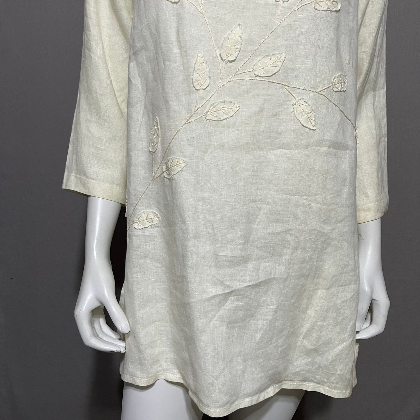 Cream 100% Linen Leaf Print V-Neck Tunic Top Sz-Large