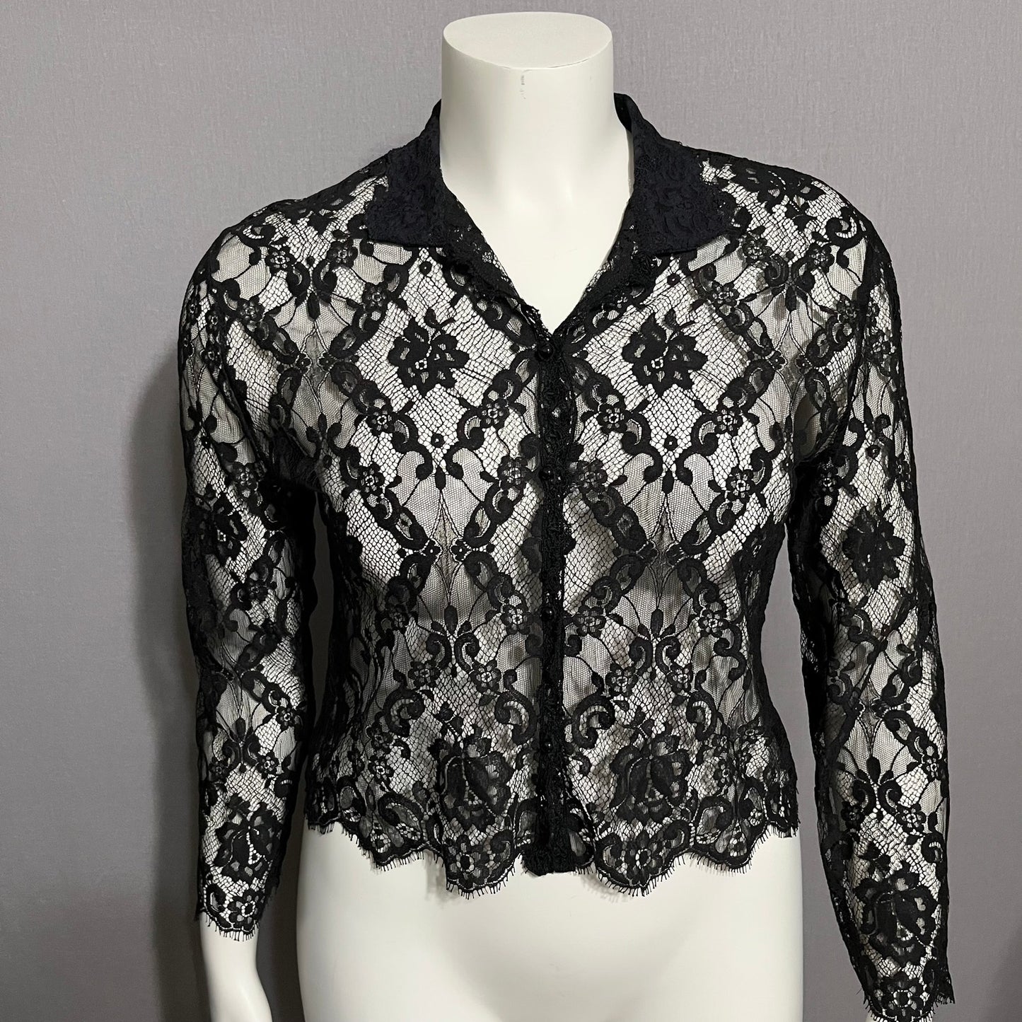 Katherine Harestad Black Allover Lace Collared Blouse Sz-Medium/Large
