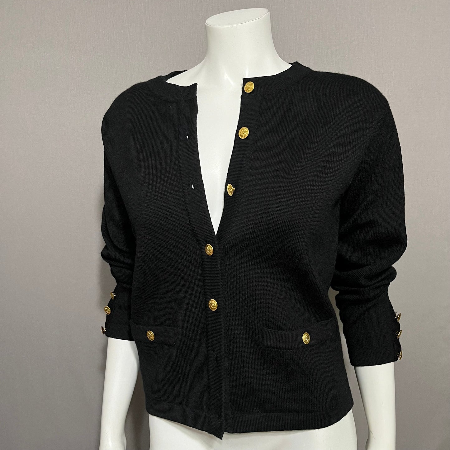 Talbots Black 100% Merino Wool Gold Button Front Cardigan Sz-Small