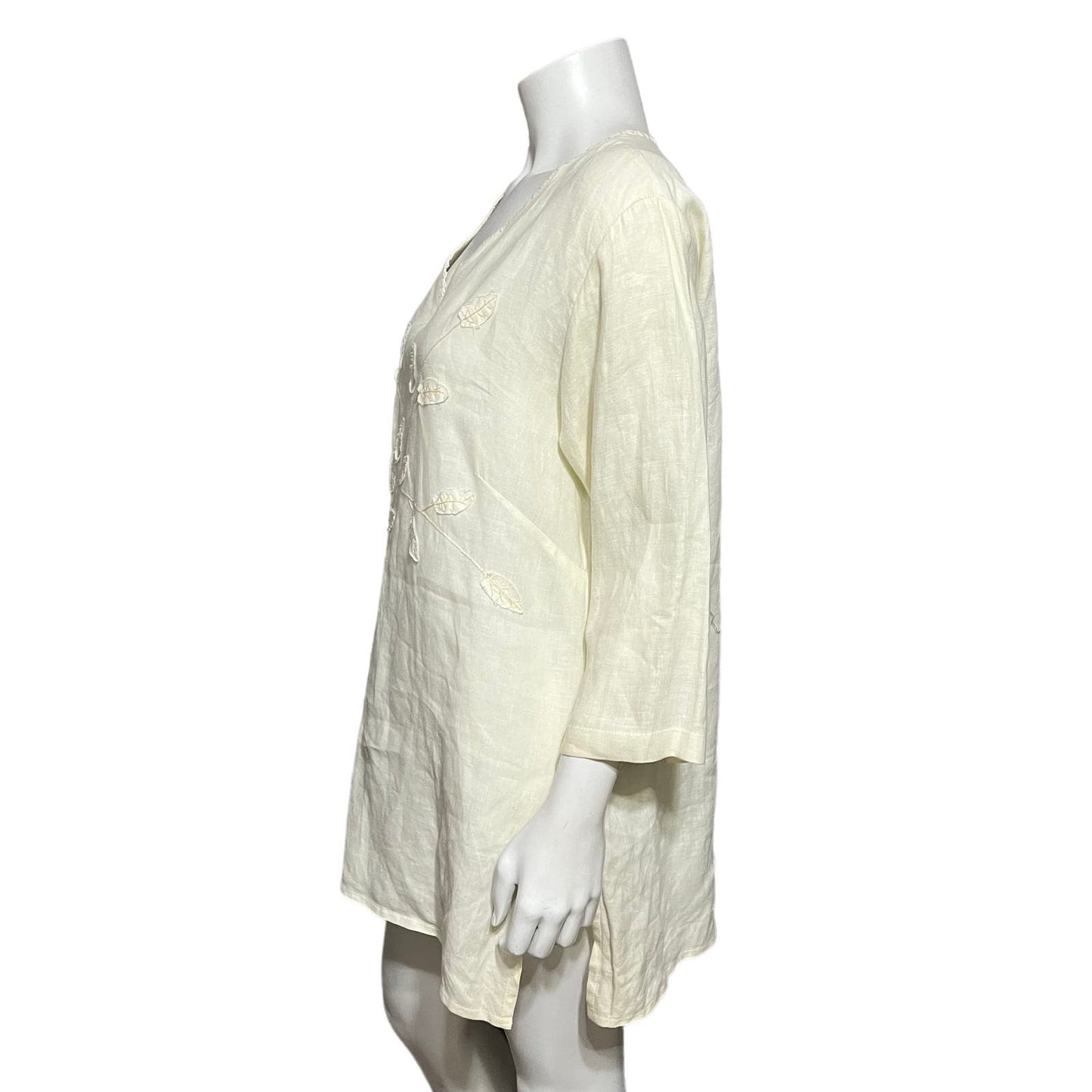 Cream 100% Linen Leaf Print V-Neck Tunic Top Sz-Large