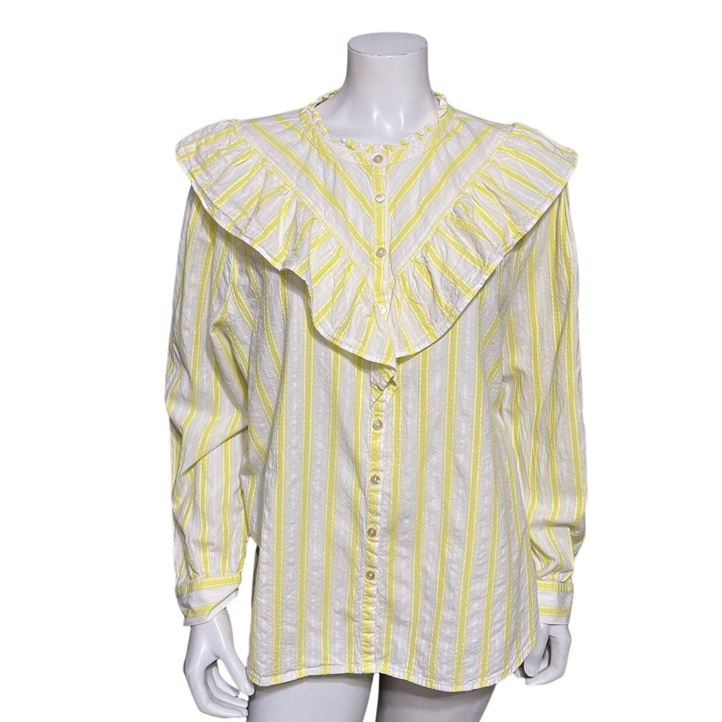 Loft Yellow Stripe Ruffle Collar 100% Cotton Button Front Shirt Sz-XL