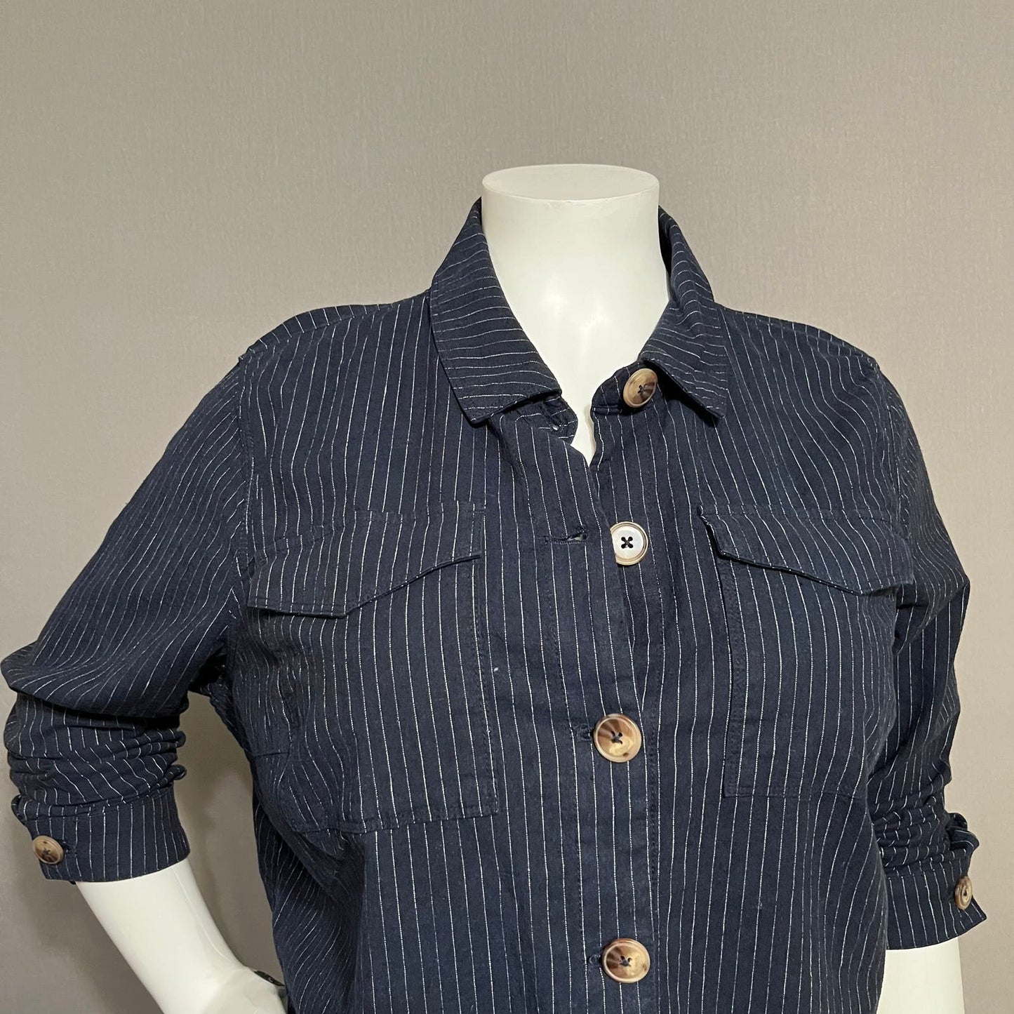 Lane Bryant Navy Linen / Cotton Striped Lightweight Jacket Sz-18