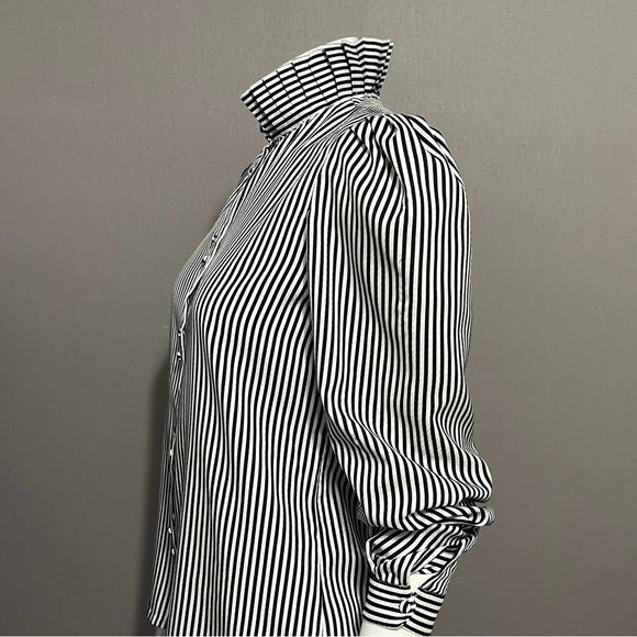 Vintage Blouseworks Black White Striped Pleated Collar Sz- Small/Medium