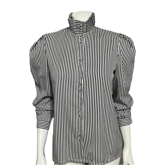 Vintage Blouseworks Black White Striped Pleated Collar Sz- Small/Medium