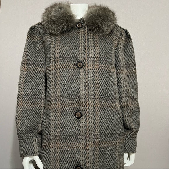 Vintage Terra Stripe & Plaid Wool & Mohair With Faux Fur Collar Coat Sz-Lg/XL