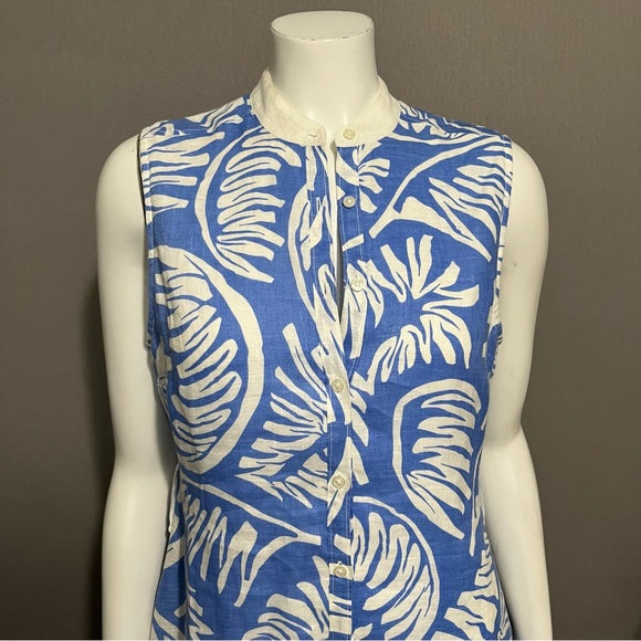 Island Company Tropical Print Blue & White Sleeveless 100% Linen Dress Sz-Medium