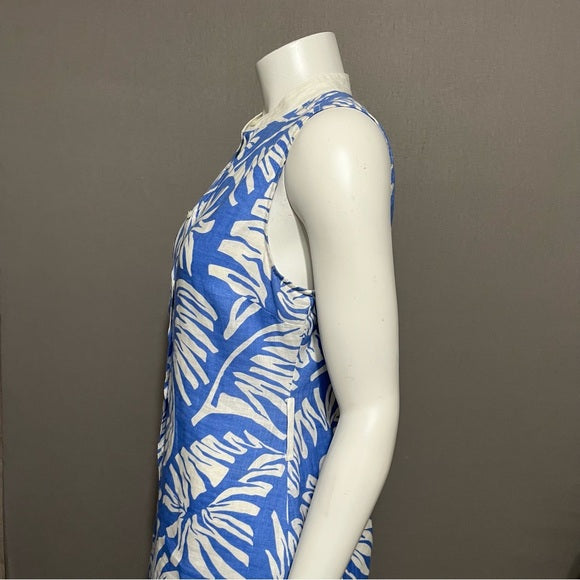 Island Company Tropical Print Blue & White Sleeveless 100% Linen Dress Sz-Medium