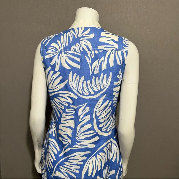 Island Company Tropical Print Blue & White Sleeveless 100% Linen Dress Sz-Medium
