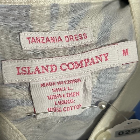 Island Company Tropical Print Blue & White Sleeveless 100% Linen Dress Sz-Medium