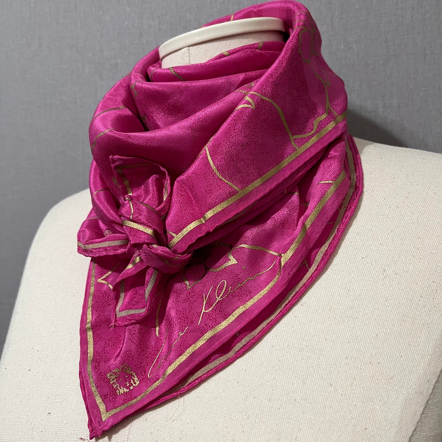 Vintage Anne Klein Pink/Gold 100% Silk Scarf