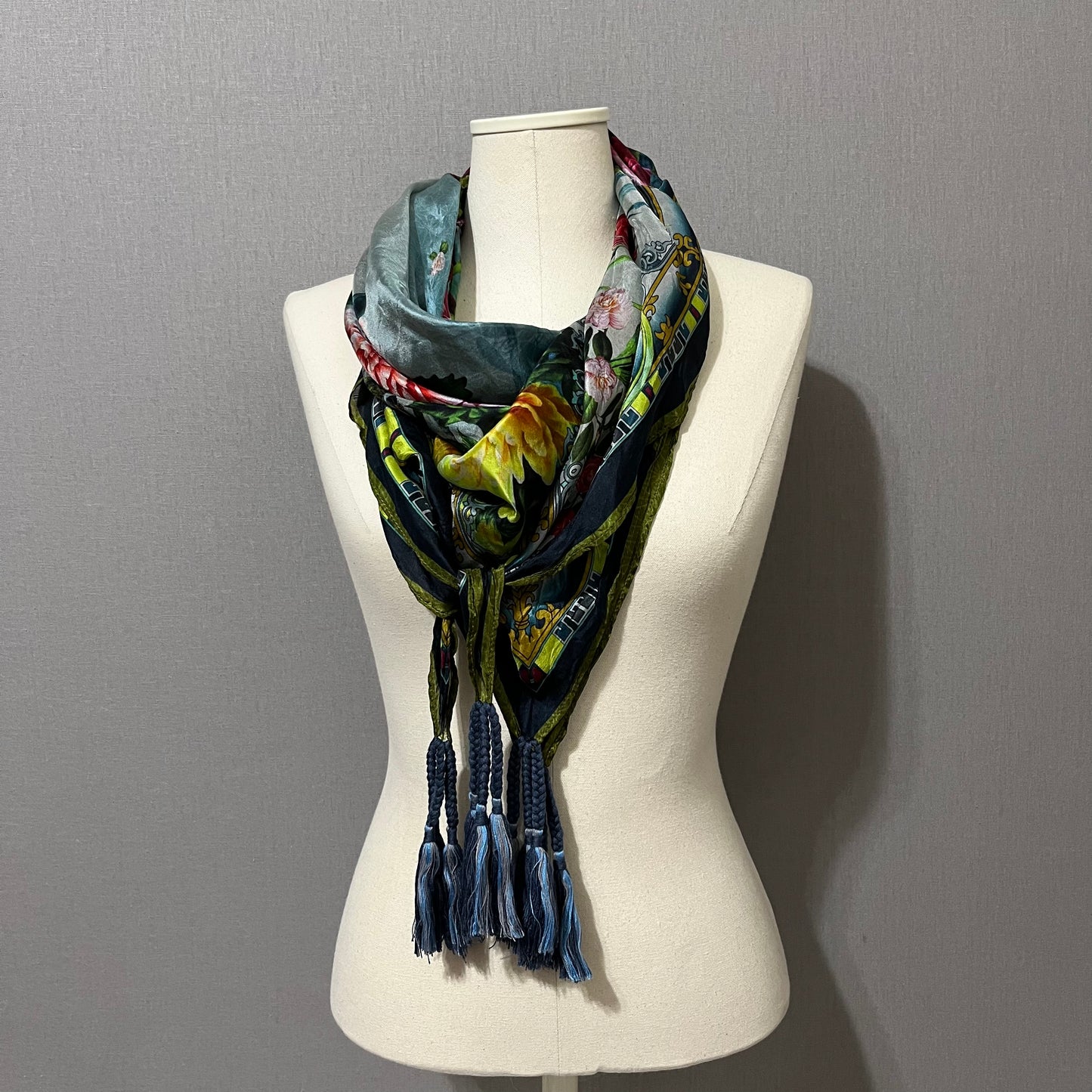 Floral Print With Tassels Silk Scarf