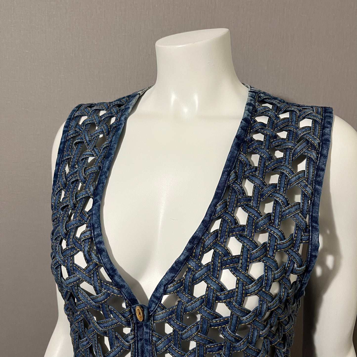 Vintage Denim Rare Open Stitched Cotton Vest Sz-Medium