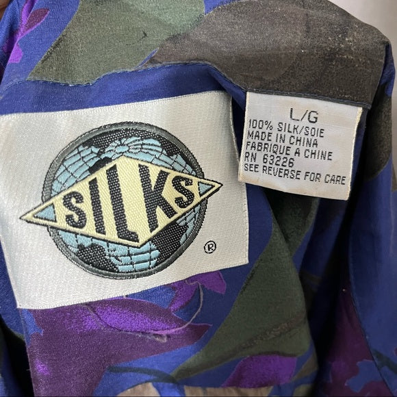Silks Blue Floral Hawaiian Theme 100% Silk Mens Shirt Sz-Large
