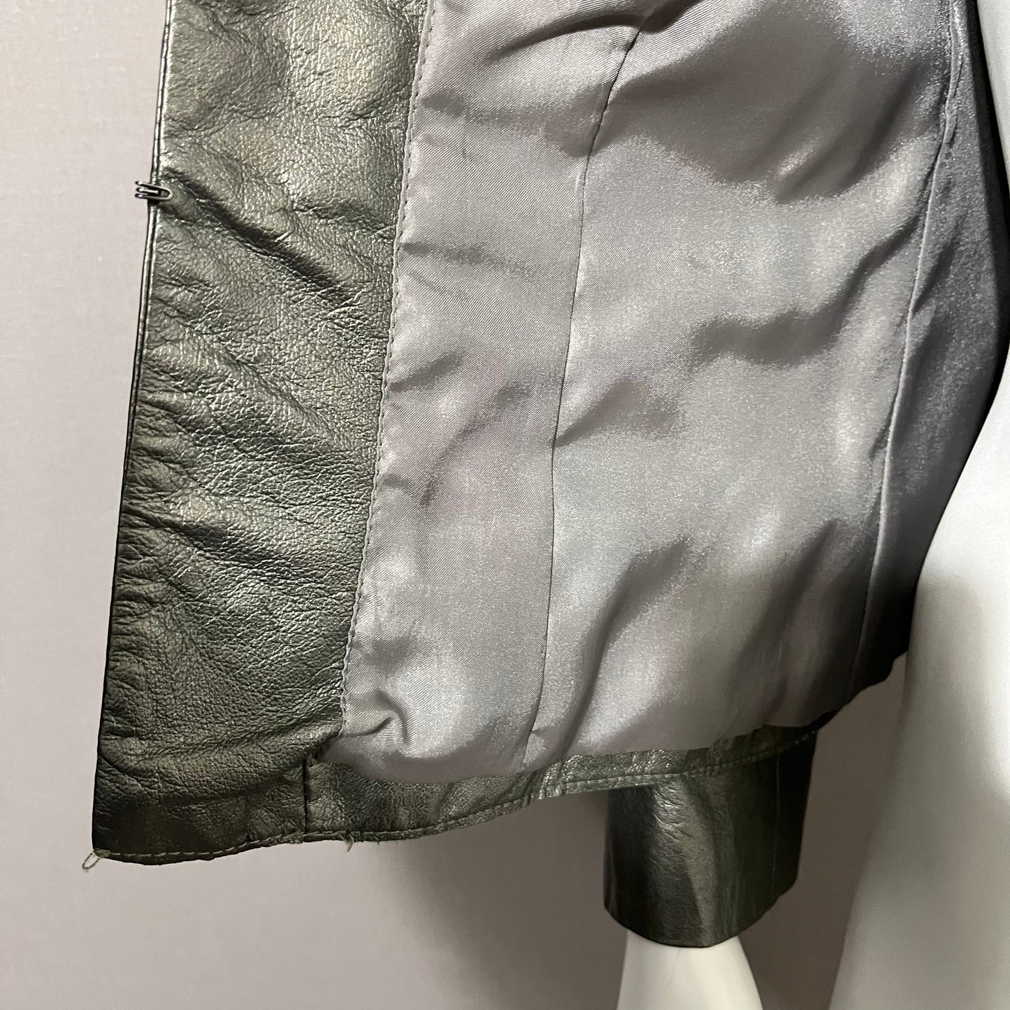 Leather Chi Silver Metallic Artsy Print Rare Moto Leather Jacket Sz-Xtra Small