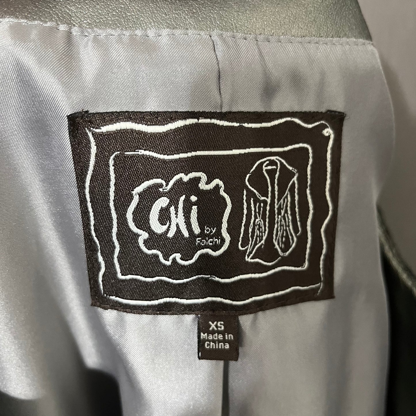 Leather Chi Silver Metallic Artsy Print Rare Moto Leather Jacket Sz-Xtra Small