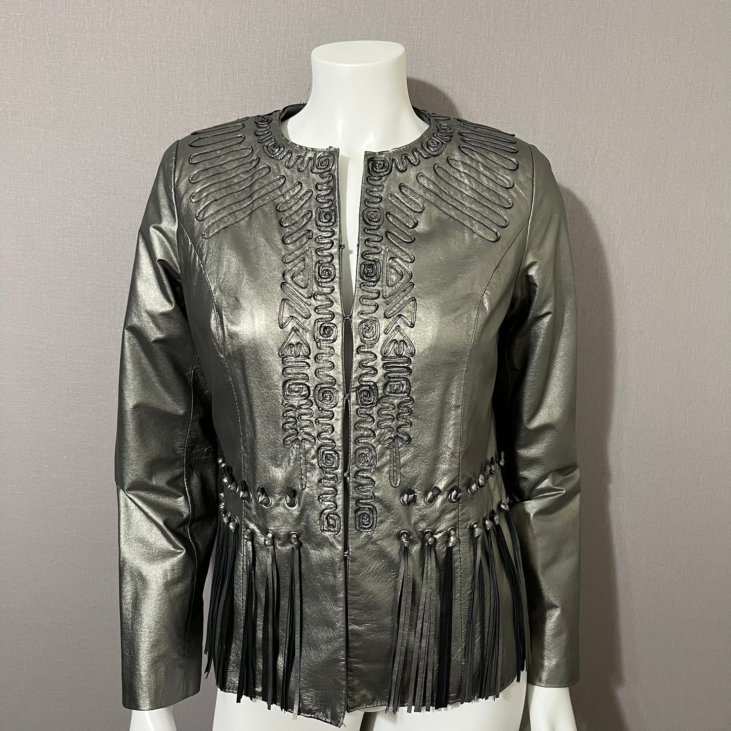 Leather Chi Silver Metallic Artsy Print Rare Moto Leather Jacket Sz-Xtra Small