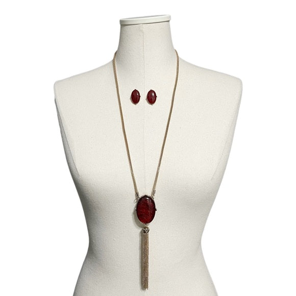 Maroon Stud Earrings | Stone With Tassel Necklace Set