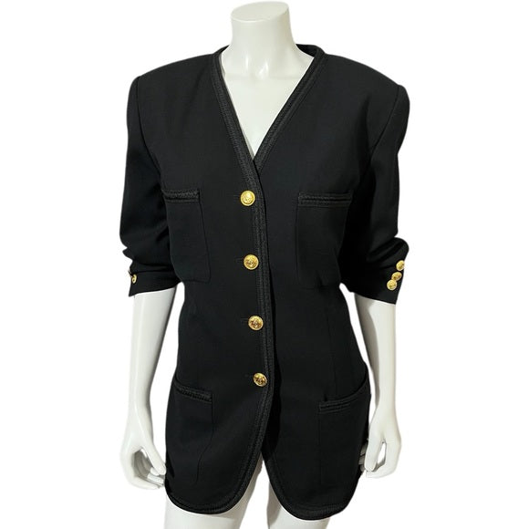 Vintage J.H. Collectibles Black 100% Wool Gold Button Front Blazer Sz-14 W