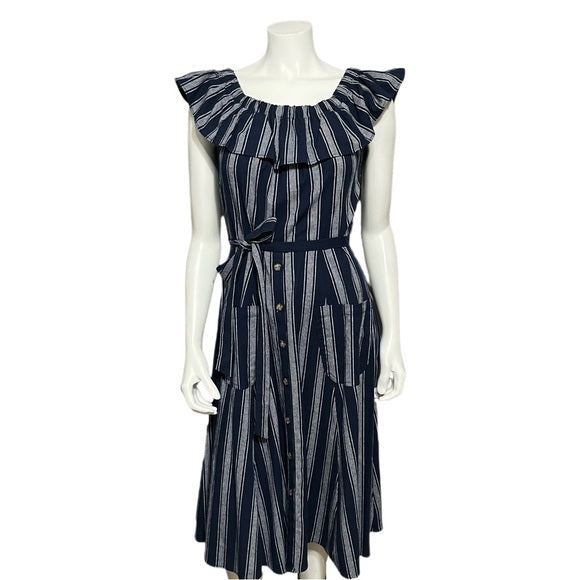 Vivi by Violet Weekend Ruffle Collar Navy Cotton Striped Dress Sz-Medium