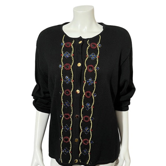 Leslie Fay Black With Sequin Detail Button Front Cardigan Sz- Xtra Large