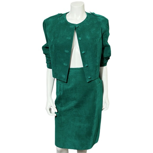 Vintage Cedars Green 2 Pc Suede Leather Skirt Suit Set Sz-Medium/Large