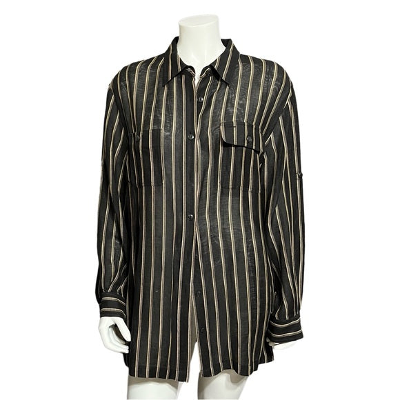 Lauren Ralph Lauren Black/Tan Stripe Silk Linen Shirt Sz-2X