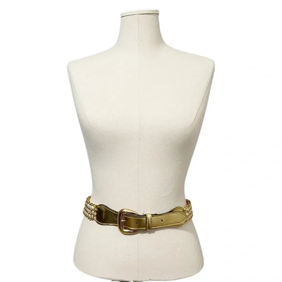 Gold Leather With Pearl Beaded Belt Sz-Medium-Large