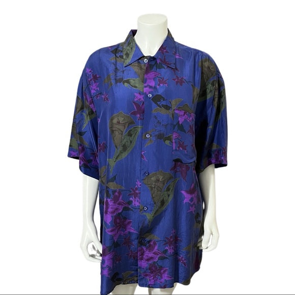 Silks Blue Floral Hawaiian Theme 100% Silk Mens Shirt Sz-Large