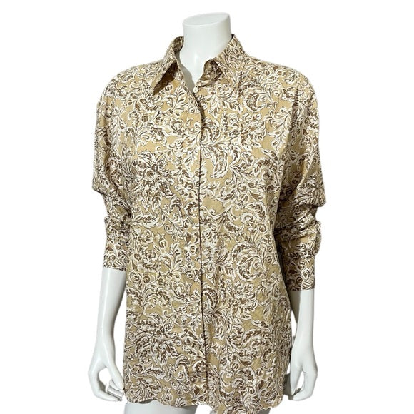 Jones New York Brown Leaf Print Cotton Button Front Shirt Sz-1X