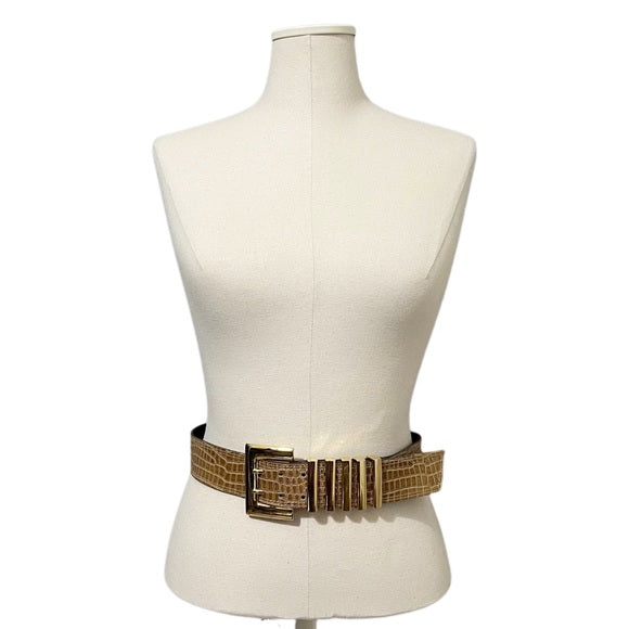 Escada Brown Patent Textured Leather With Gold Buckle Belt Sz-Medium