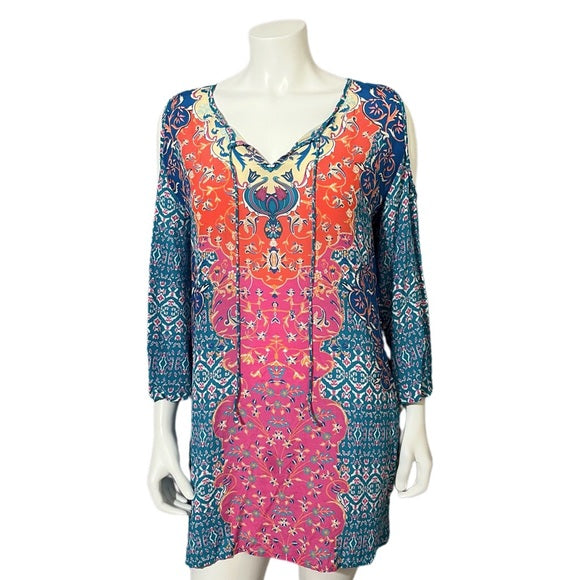 Tolani Multi-Color Silk Tunic Top Exposed Shoulder Long Sleeve Sz Large