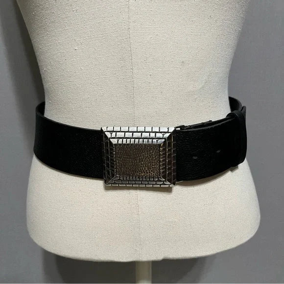 Chico’s Black Genuine Leather Wide Belt With Silver Square Buckle Medium