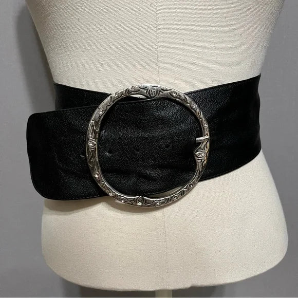 Vintage Black Leather Wide With Large Circle Buckle