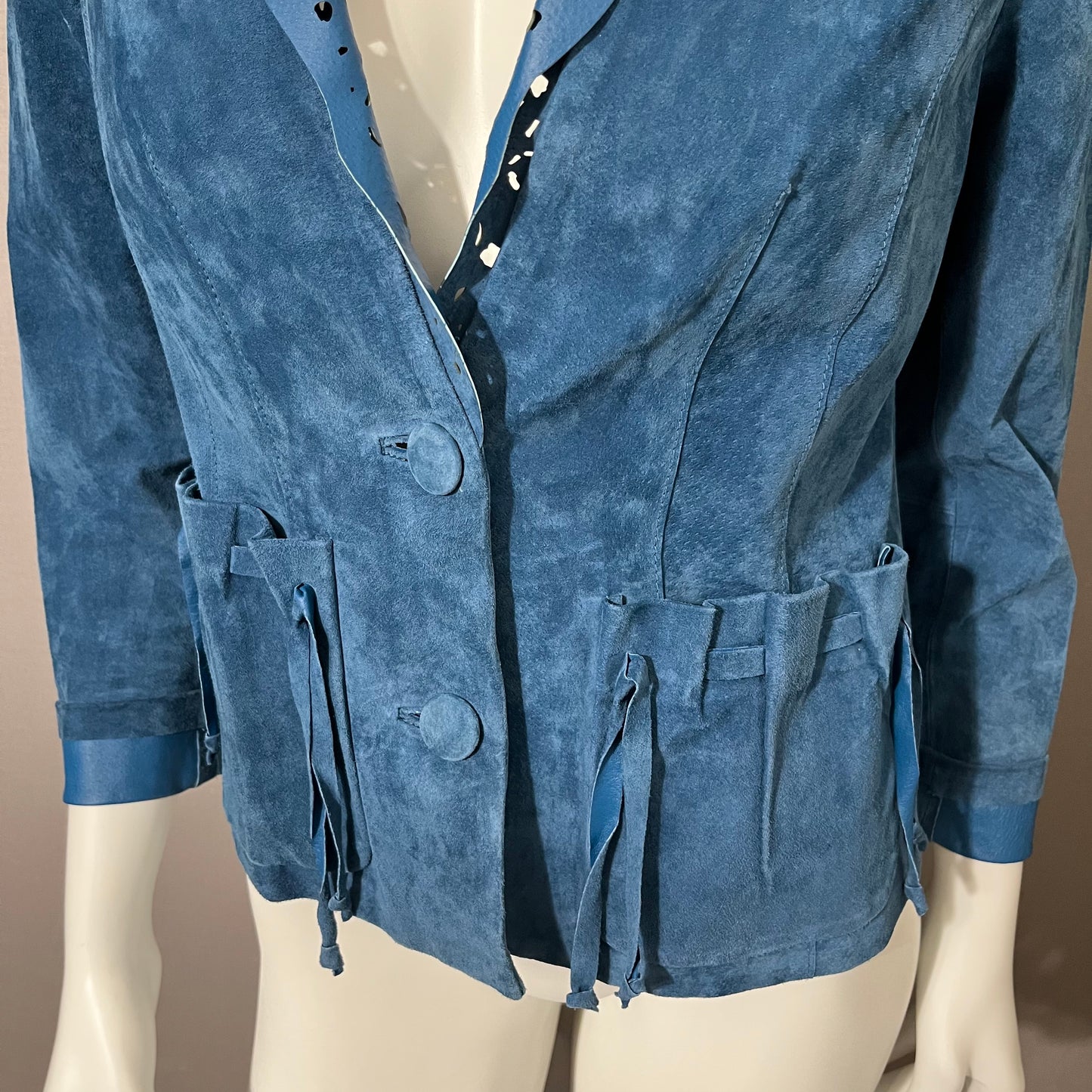 Vintage CHI by Carlos Falchi Blue Suede Leather Jacket Sz-Xtra Small