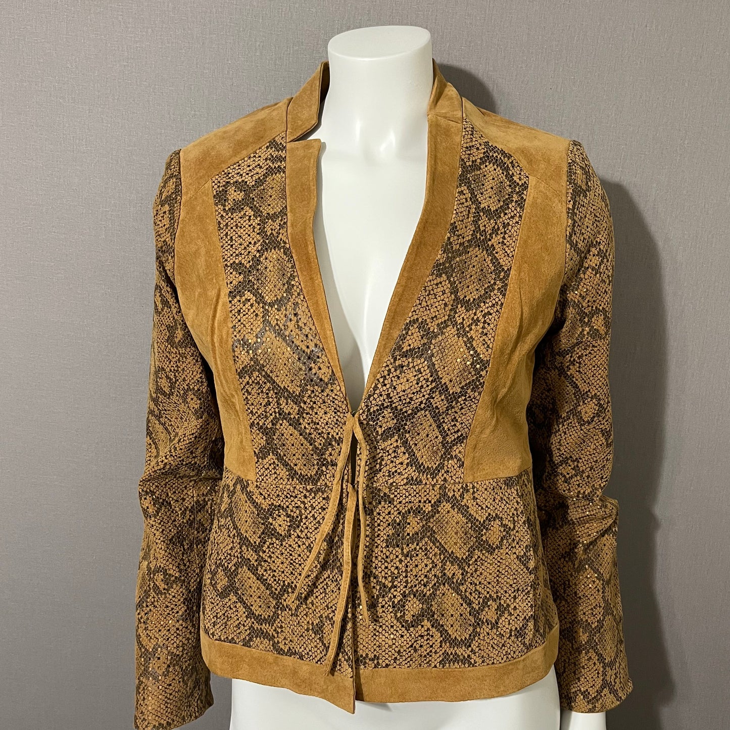 Vintage CHI-Carlos Falchi Brown Snake Scale Print Suede Leather Jacket Sz-Xtra Small