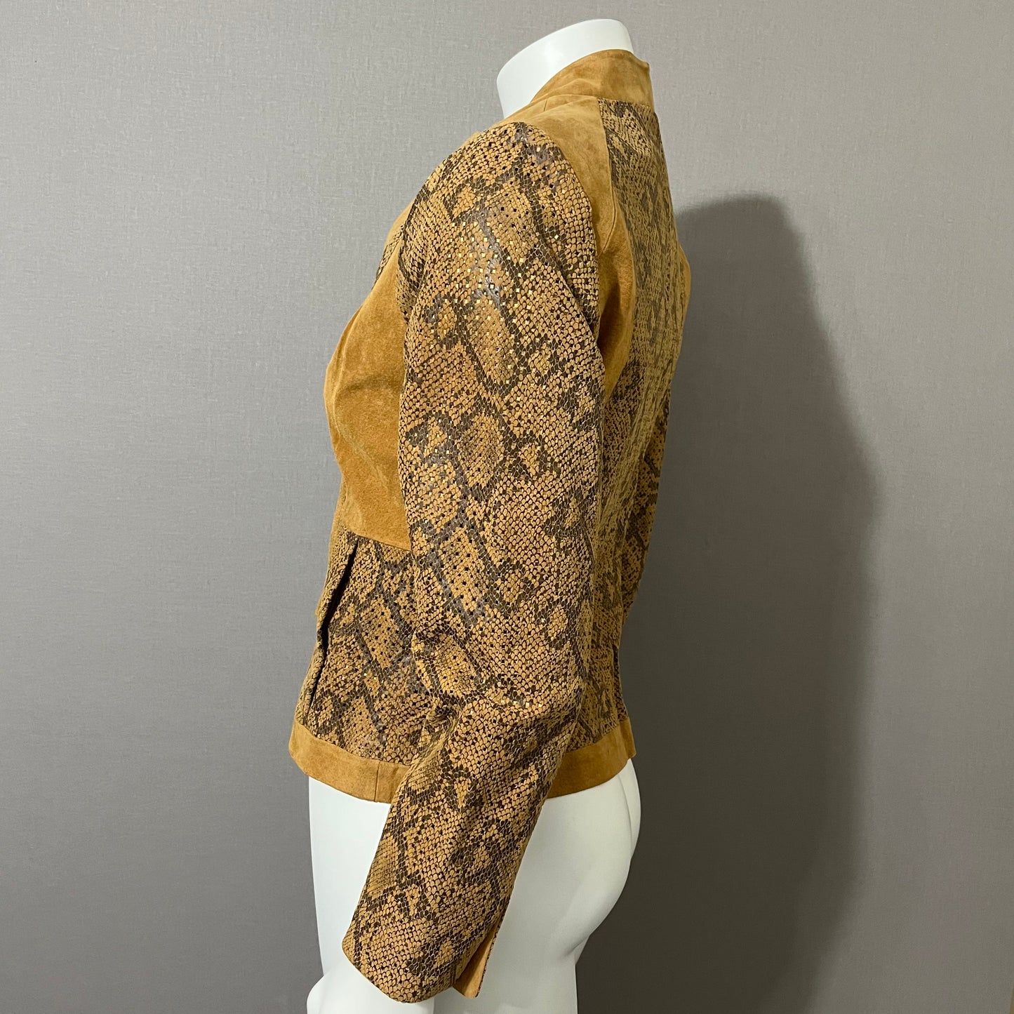 Vintage CHI-Carlos Falchi Brown Snake Scale Print Suede Leather Jacket Sz-Xtra Small