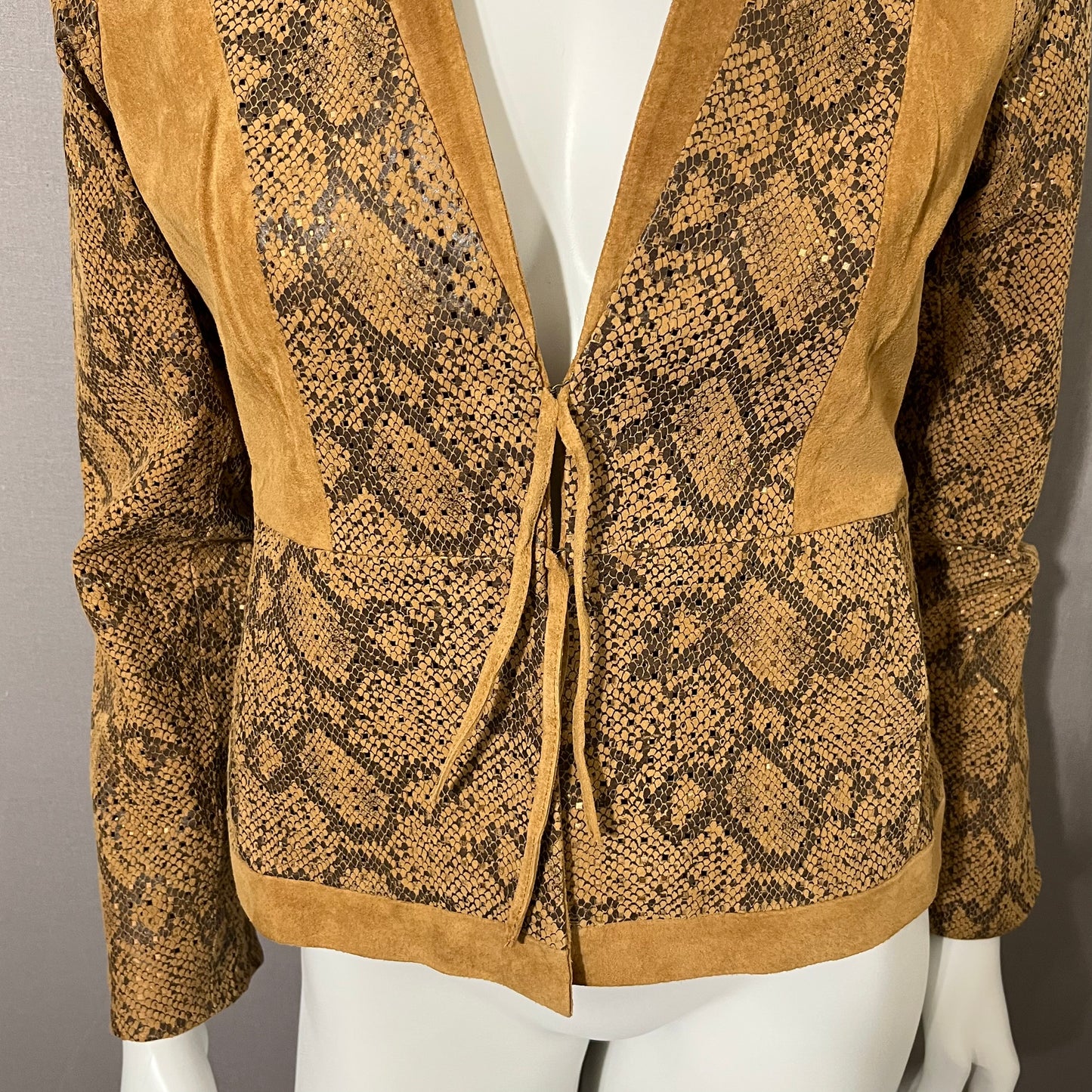 Vintage CHI-Carlos Falchi Brown Snake Scale Print Suede Leather Jacket Sz-Xtra Small