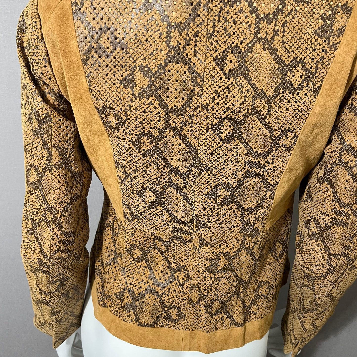 Vintage CHI-Carlos Falchi Brown Snake Scale Print Suede Leather Jacket Sz-Xtra Small