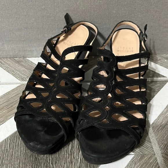 Stuart Weitzman Black Suede Leather Peep Toe Heels Sz-6 1/2 M