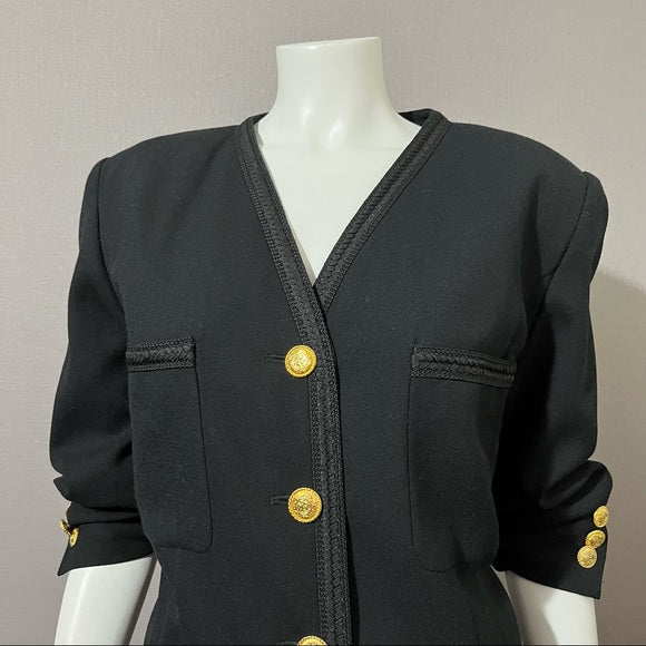 Vintage J.H. Collectibles Black 100% Wool Gold Button Front Blazer Sz-14 W