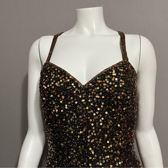 Vintage Oleg Cassini Black Gold Sequin Fit & Flare Dress Sz-12
