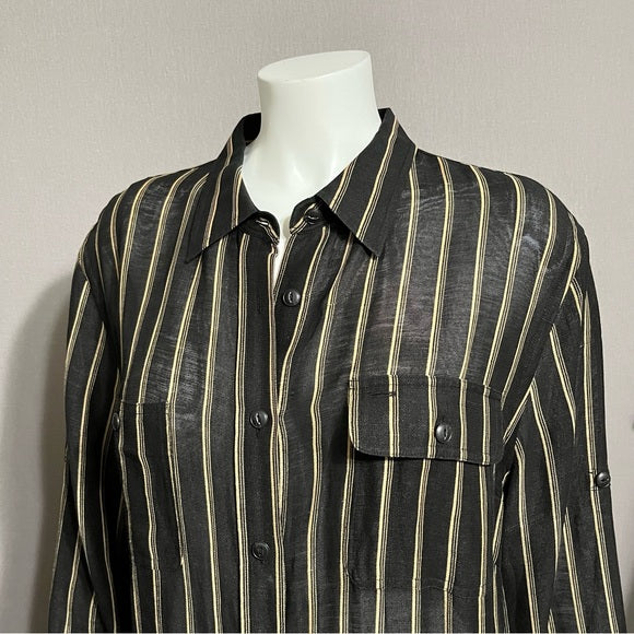 Lauren Ralph Lauren Black/Tan Stripe Silk Linen Shirt Sz-2X