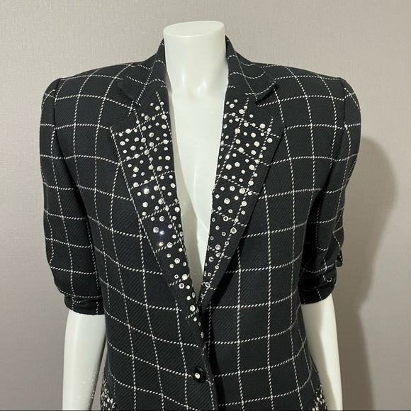 Vintage Criscione Black Windowpane Jeweled Wool Silk Blazer Sz-Large