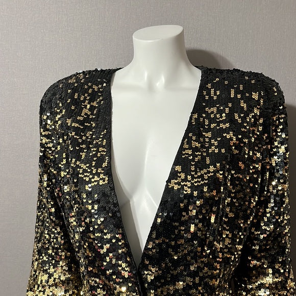 Oleg Cassini Black | Gold Sequin Open Front Silk Jacket Sz- Medium