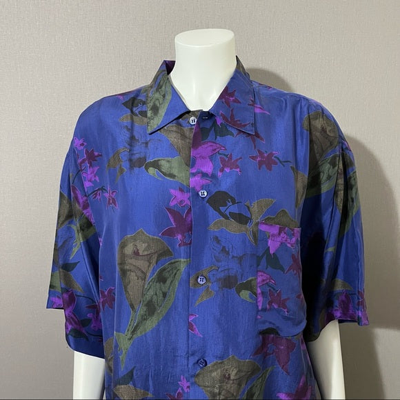 Silks Blue Floral Hawaiian Theme 100% Silk Mens Shirt Sz-Large