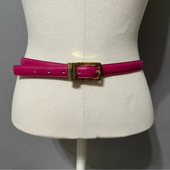 Pink Leather Skinny Belt With Gold Buckle Sz-Large